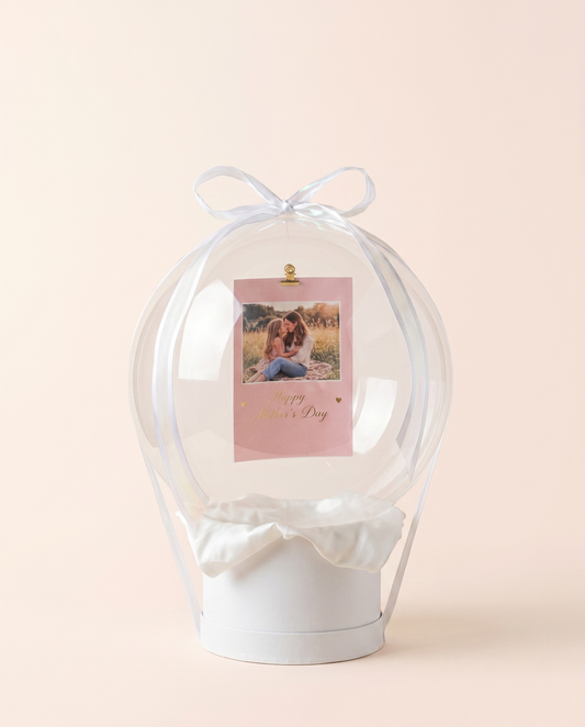 Mama + Me - clear bobo balloon with custom photo keepsake card inside